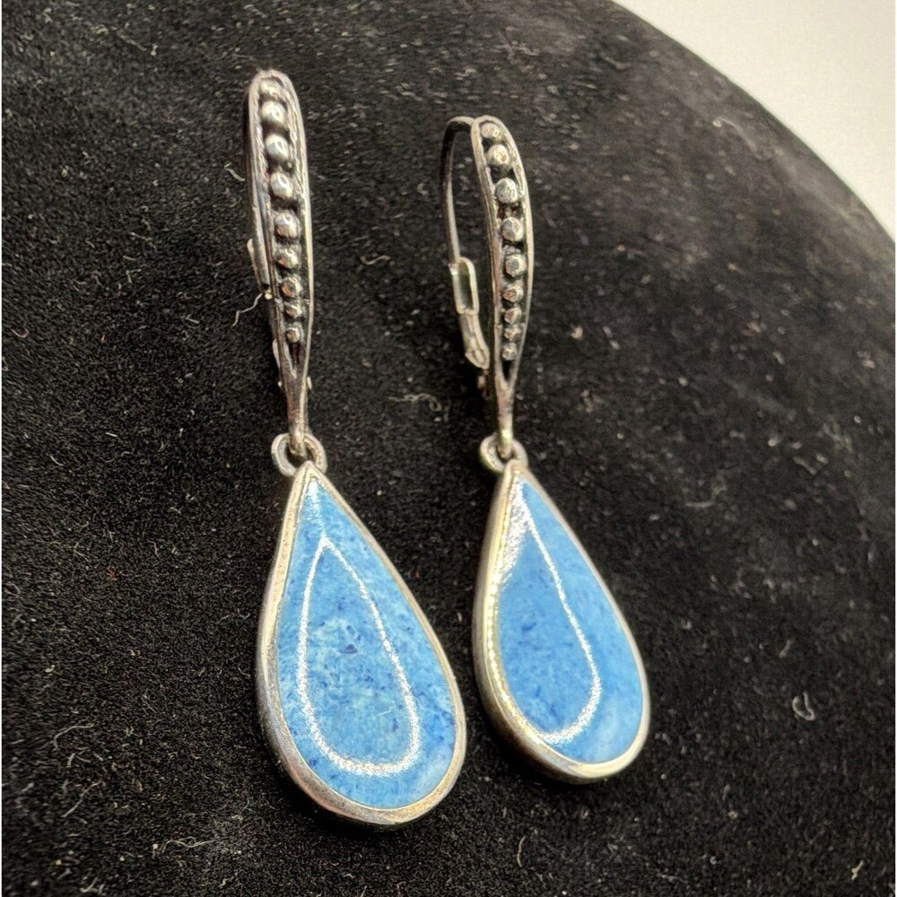 925 Sterling Silver Blue Teardrop Leverback Dangle Earrings Thai Bezel Signed